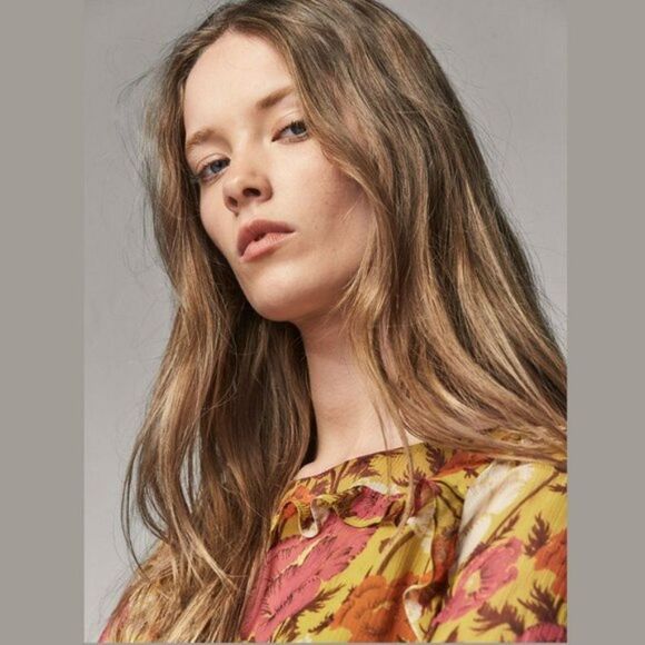 Silk Massimo Dutti Floral Printed Tie-Waist Ruffle Short Sleeve Blouse (NWT) - Picture 4 of 6